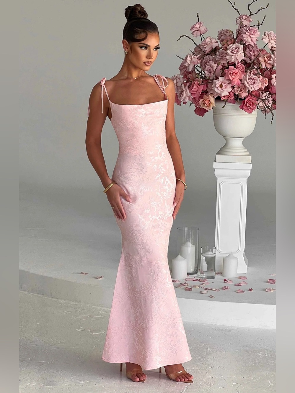 BABYBOO Whitney Maxi Dress XS Pink Floral Jacquard Satin Lace-Up Formal Gown NWT